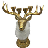 DEER BUST 4 TAPER CANDLEHOLDER WITH FUR HOLIDAY DECOR ANTIQUE GOLD/CREAM 20.5"