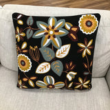 HAND EMBROIDERED FLORAL PILLOW BLACK MUSTARD 20" SQUARE