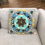 EMBROIDERED MANDALA POM POMS PILLOW BLUE YELLOW TURQUOISE 18" SQUARE