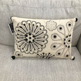 EMBROIDERED FLORAL POM POMS PILLOW CREAM NAVY 20" X 14"