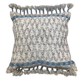 TEXTURED WOVEN FRINGE TASSELS PILLOW CREAM BLUE GREY 22" X "22