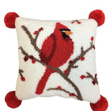 HOOKED CARDINAL WITH POM POMS PILLOW 12 X 12