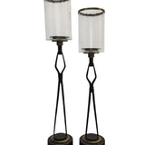 SET OF 2 IRON/MARBLE STAND WITH GLASS HURRACAINES (RET. $449.00) HOME DECOR BLACK/BRONZE 28" 31"