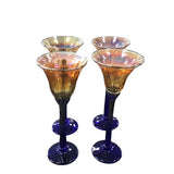 4 SIGNED "RICK STRINI" BLOWN GLASS IRIDESCENT STEMWARE ORANGE/COBALT BLUE 9.5H