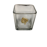 SQUARE GLASS CANDLE HOLDER WITH LEAF HOME DECOR 4H X 4W X 4D