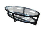 OVAL WOOD AND GLASS COFFEE TABLE ESPRESSO 16.5H X 63W X 27.5D