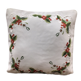 EMBROIDERED HOLLY & BERRIES PILLOW WHITE RED GREEN 16"