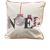 EMBROIDERED NOEL PILLOW WHITE RED GREY 18"