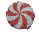ROUND CANDY SHAPE PILLOW "SPARKLES" HOLIDAY DECOR WHITE/RED 15" DIAM..