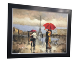 FRAMED COUPLE UNDER RED UMBRELLA EIFFEL TOWER BACKDROP ART 44 X 56
