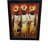 FRAMED THREE FIGURES IN TRADITIONAL AFRICAN ATTIRE ART RED/BROWN/YELLOW/WHITE 44 X 56