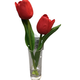 REAL TOUCH DOUBLE TULIP PREMADE IN GLASS VASE FLORAL/GREENERY RED 8.5"