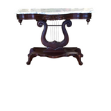 VINTAGE LYRA HARP DESIGN BASE WITH MARBLE TOP (RET.$1750.00 CONSOLE/SOFA TABLE CHERRY WOOD/WHITE 28H X 41W X 17.5D