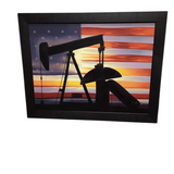 FRAMED PUMPJACK SILHOUETTE WITH UNITED STATES FLAG BACKGROUND ART 44 X 56