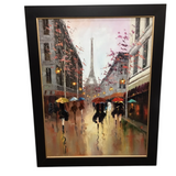 FRAMED RAINY STREET VIEW WITH EIFFEL TOWER ART 44 X 56