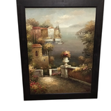 FRAMED MEDITERRANEAN LANDSCAPE/COASTAL GARDEN TERRACE ART 44 X 56