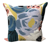 RIFLE PAPER CO. EMBROIDERED FLORAL PILLOW BLUE YELLOW GREY