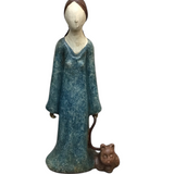 GIRL HOLDING LEACH WITH CAT STATUE HOME DECOR TEAL/BEIGEE/BROWN 14"H