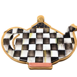 MACKENZIE-CHILDS 2 PC, WOOD/ CERAMIC TEA POT SHAPE TRIVET/CHEESE BOARD HOME ACCESSORIES BLACK/WHITE