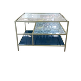 2 TIER METAL/GLASS COFFEE TABLE BLUE/WHITE/GOLD 19H X 29.5 X 29.5