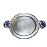 PEWTER ROUND TRAY WITH HANDLES TALAVERA INSERTS DINNERWARE SILVER/BLUE/WHITE 1.5H X 16.5 DIAM..