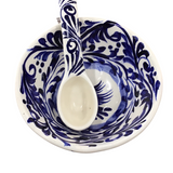 MOLCAJETE DESIGN SALSA BOWL WITH SPOON DINNERWARE BLUE/WHITE 3.5 X 5.5 DIAM..