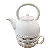 2 PIECE TEA SET FOR 1 "STEEP RIGHT UP" DINNERWARE WHITE 8"H