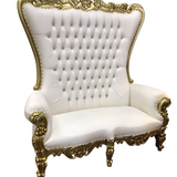 ROYAL DOUBLE THRONE (TUFTED/RHINESTONES/STUDS) LOVESEAT WHITE/GOLD 70H X 62W X 36D