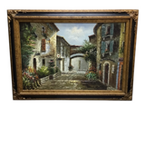 FRAMED EUROPEAN VILLAGE STREET PAINTING ART MULTI 32 X 44