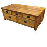 RESTORATION HARDWARE MISSION STYLE WITH 10 DRAWERS " MICHAELS FURNITURE CO." COFFEE TABLE BROWN 19H X 55W X 28D