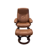 COPENHAGEN WOOD/LEATHER RECLINER "EKORNES STRESSLESS" CHAIR & OTTOMAN CARAMEL 39H X 31W X 24D