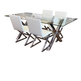 METAL BASE/GLASS TOP/4 CHAIRS DINING ROOM SET SILVER/WHITE 30H X 78W X 38D