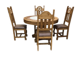 TEXAS STAR DESIGN ROUND TABLE WOOD WITH TILE INSERTS/4 CHAIRS DINING ROOM SET NATURAL WOOD 46H X 17W X 21D