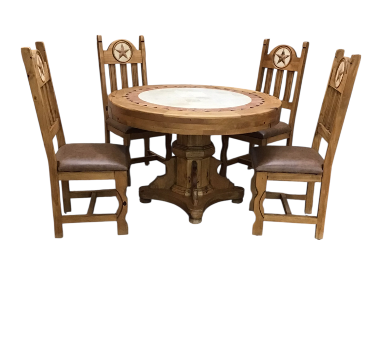 TEXAS STAR DESIGN ROUND TABLE WOOD WITH TILE INSERTS/4 CHAIRS DINING ROOM SET NATURAL WOOD 46H X 17W X 21D
