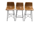SET OF 3 POLY + BARK PAXTON LEATHER COUNTER BARSTOOL COGNAC TAN 35H X 17W X 17D