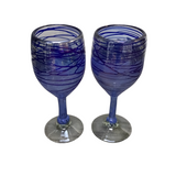2 VINTAGE MEXICAN HANDBLOWN ART GLASS WINE GOBLETS CRYSTAL BLUE/CLEAR 8H