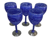 5 VINTAGE MEXICAN HANDBLOWN ART GLASS WINE GOBLETS CRYSTAL BLUE 8H