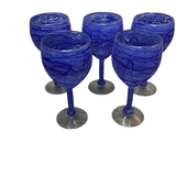 5 VINTAGE MEXICAN HANDBLOWN ART GLASS WINE GOBLETS CRYSTAL BLUE 8H