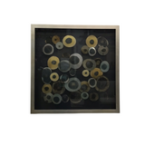 FRAMED GLASS/IRON/ACRYLIC DISC DESIGN ART BLUE/GOLD/COPPER 32 X 32 X2.5