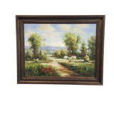 RUSTIC COUNTRY PATH LEADING TO COTTAGE WITH ORNATE FRAME ART 47H X 58W X 2D