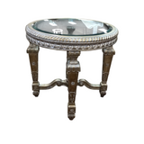 MARGE CARSON ROUND WITH GLASS TOP ACCENT TABLE GOLD 29H X 31 DIAM..
