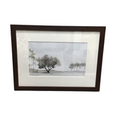 WOOD FRAMED WATERCOLOR LANDSCAPE PRINT ART BROWN/WHITE/GREEN 12 X 16