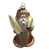 GLITTERED BLOWNGLASS SANTA ORNAMENT #1 HOLIDAY DECOR CHAMPAGNE/SILVER 6.5"