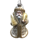 GLITTERED BLOWN GLASS SANTA ORNAMENT #2 HOLIDAY DECOR CHAMPAGNE/SILVER 6.5"
