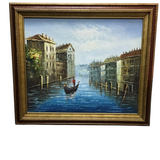 FRAMED VENETIAN CANAL SCENE WITH GONDOLA PAINTING ART 25 X 29