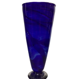 HAND BLOWN ART GLASS TRUMPET VASE WITH PEDESTAL HOME DECOR COBALT BLUE 16H