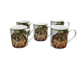 WILLIAMS SONOMA SET OF 5 COFFEE/COCOA MUGS "BOTANICAL PUMPKIN" HOLIDAY DECOR WHITE/ORANGE/GREEN 4"H