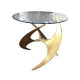 FREE FORM PEDESTAL WITH ROUND GLASS TOP (RET. $1100.00 END TABLE GOLD 26H X 28 DIAM..