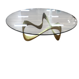 FREE FORM PEDESTAL WITH ROUND GLASS TOP (RET.$2500.00) COFFEE TABLE GOLD 16.5H X 50 DIAM..