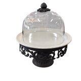 ORNATE METAL BASE/CERAMIC PLATE/GLASS DOME DINING ACCESSORIES BROWN/CREAM 16H X 14.5 DIAM..